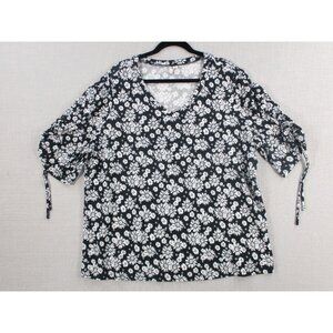 Cato Black & White Floral Ruched Sleeve V-Neck Top Womens Size 18/20W
